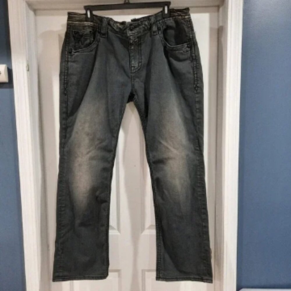 Rock Revival Jeans Mens‎ 42x33 Washed Black Dan Alt Straight Distressed